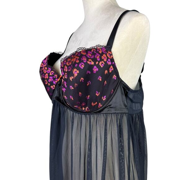 Savage X Fenty Black Sheer Mesh Pink Orange Flower Embroidered Babydoll Lingerie - Picture 5 of 9